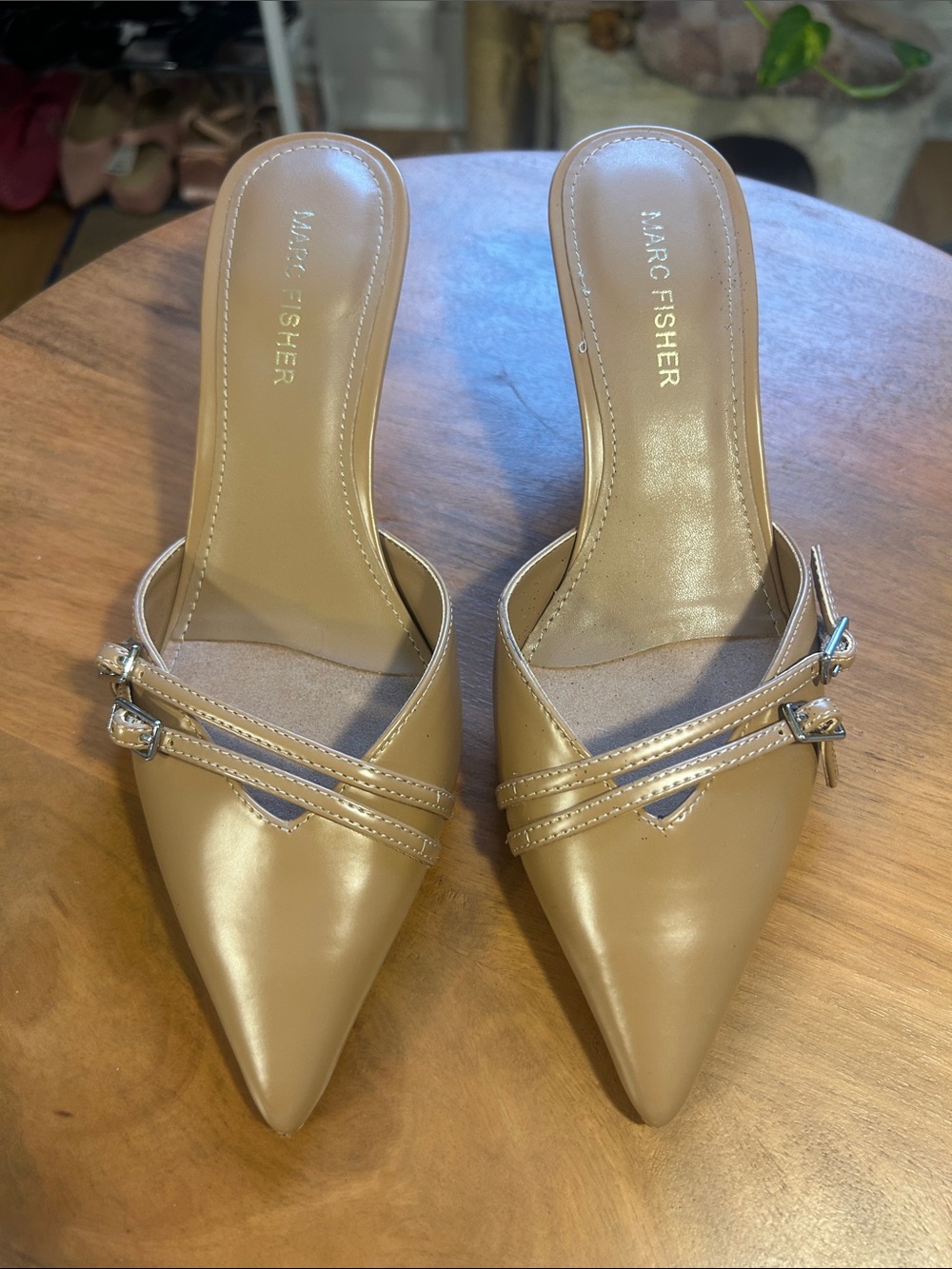 Marc Fisher Taupe Pointed-Toe Slip-On Mules with Buckle Straps
